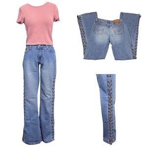 Angel Jeans Vintage Y2K MidRise Lace Up Flared Denim Made in USA Size 7